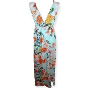 REVAMPED TURQUOISE/MINT FLORAL PLUNGE NECK MAXI DRESS  SZ.S NWT